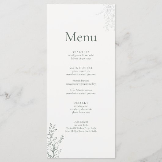 Minimal Sage Green Botanical Wedding Menu メニュー (正面)