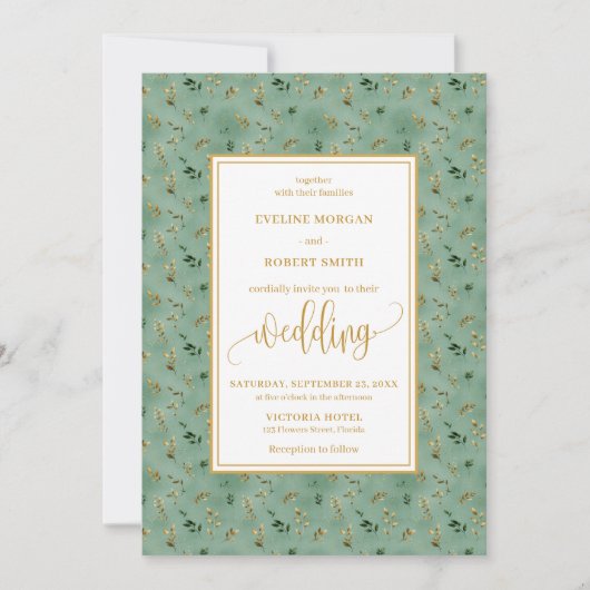 Minimal sage green gold eucalyptus wedding invite 招待状 (正面)