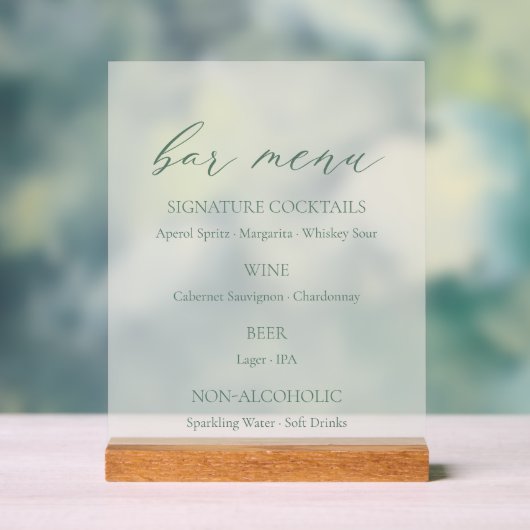 Minimal Sage Green Wedding Bar Menu  アクリルサイン (ニュートラル)