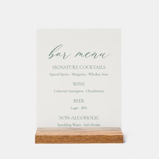 Minimal Sage Green Wedding Bar Menu  アクリルサイン (正面)