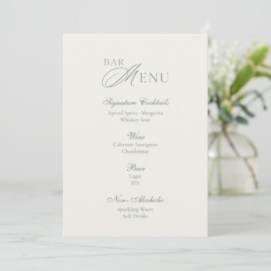 Minimal Sage Green Wedding Bar Menu Sign 招待状 (スタンド正面)