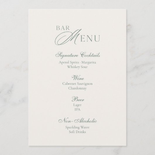 Minimal Sage Green Wedding Bar Menu Sign 招待状 (正面)