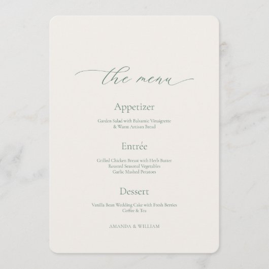 Minimal Sage Green Wedding Menu Card 招待状 (正面)