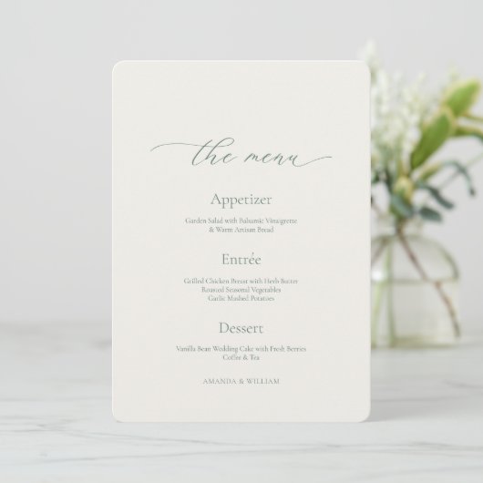 Minimal Sage Green Wedding Menu Card 招待状 (スタンド正面)