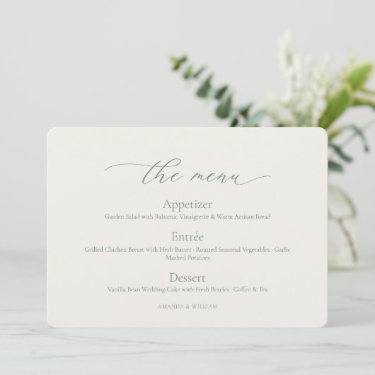 Minimal Sage Green Wedding Menu Card 招待状 (スタンド正面)