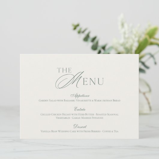 Minimal Sage Green Wedding Menu Card 招待状 (スタンド正面)