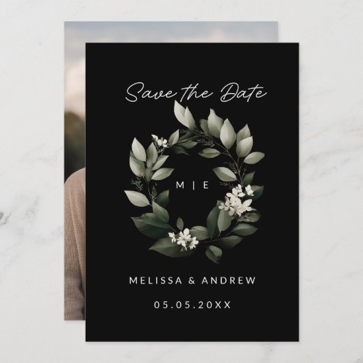 Minimal Save the Date Green Wreath 案内状 (正面/裏面)