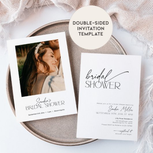 Minimal Script Black and White Bridal Shower 招待状