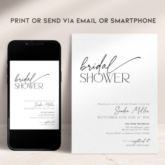 Minimal Script Black and White Bridal Shower 招待状