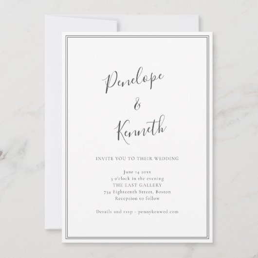 Minimal Script Black White Modern Border Wedding 招待状 (正面)