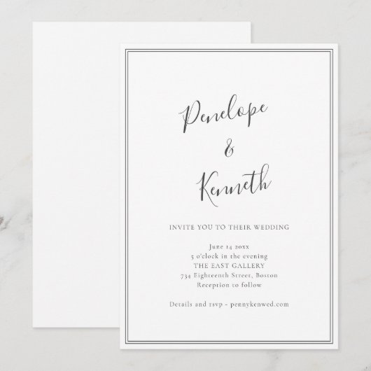 Minimal Script Black White Modern Border Wedding 招待状 (正面/裏面)