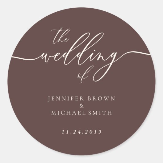 Minimal Script Chocolate Brown Wedding ラウンドシール (正面)