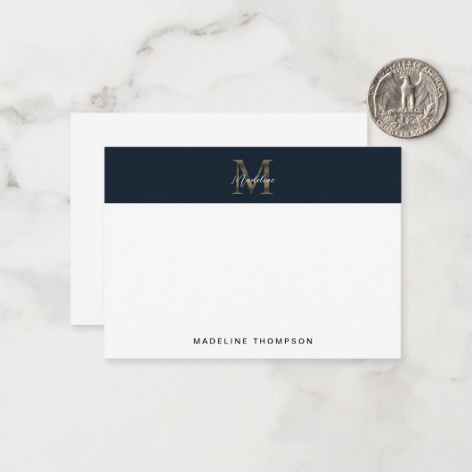 Minimal Script Metallic Navy Blue Gold Monogram ノートカード (正面/裏面インサイチュ)