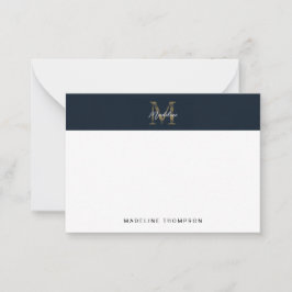 Minimal Script Metallic Navy Blue Gold Monogram ノートカード