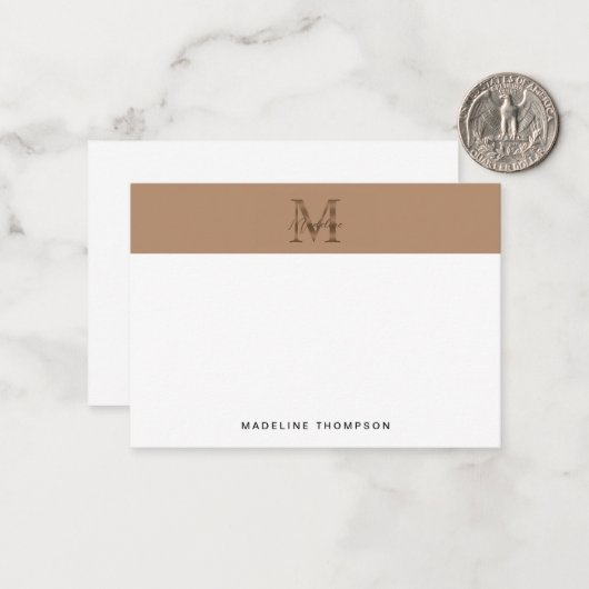 Minimal Script Metallic Taupe Gold Monogram ノートカード (正面/裏面インサイチュ)