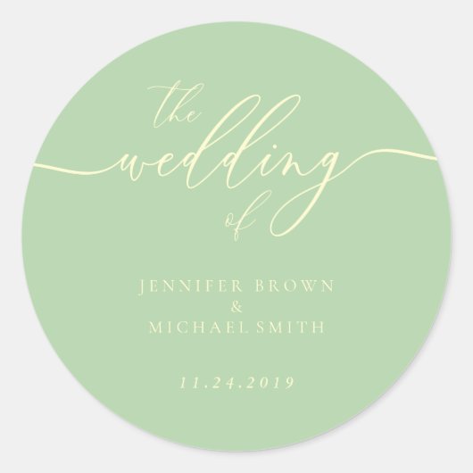 Minimal Script Pistachio & Cream Wedding ラウンドシール (正面)