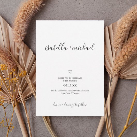 Minimal Script Wedding Invitation with Heart  招待状