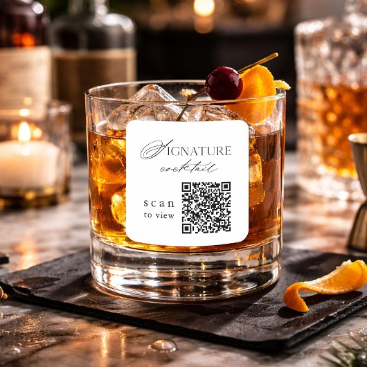 Minimal Signature Cocktail QR Code Wedding Sticker スクエアシール