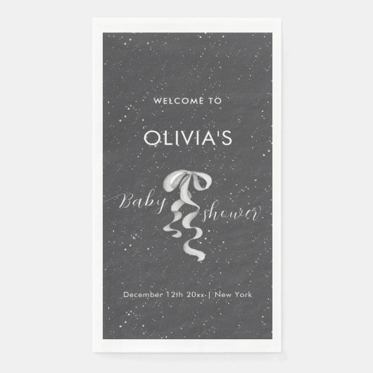 Minimal Silver Bow Winter Snow Baby Shower Welcome (正面)
