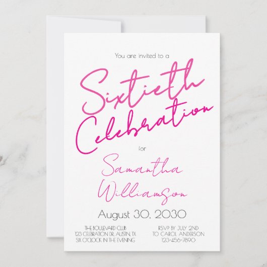Minimal Sixtieth Celebration Pink Script Birthday 招待状 (正面)
