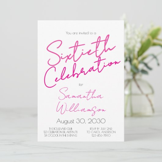 Minimal Sixtieth Celebration Pink Script Birthday  招待状 (スタンド正面)