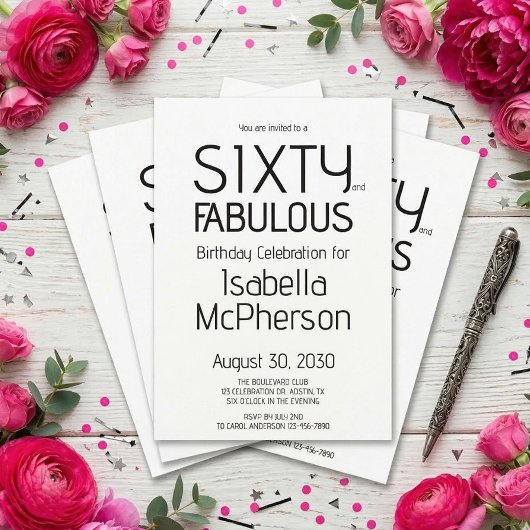 Minimal Sixty and Fabulous 60th Birthday Party 招待状