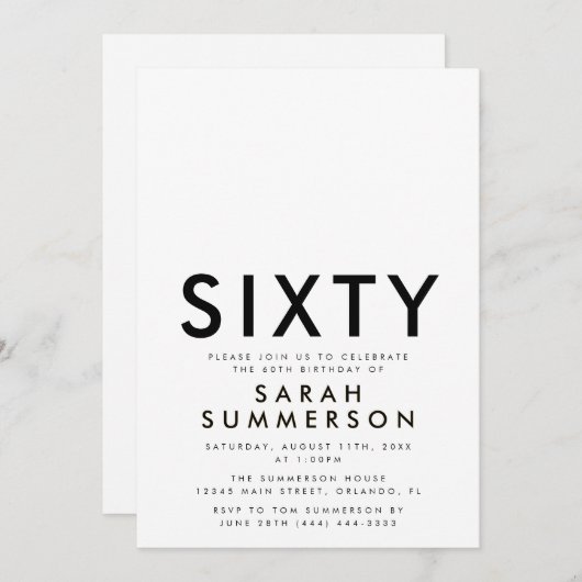 Minimal Sixty Black White 60th Birthday 招待状 (正面/裏面)
