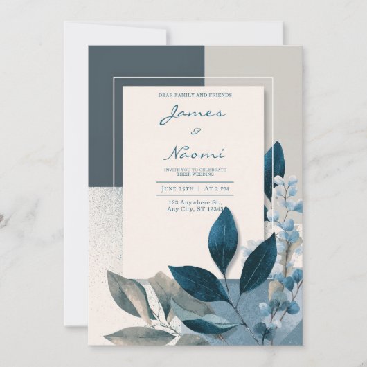 Minimal Slate Blue Geometric Indigo Leaf Wedding 招待状 (正面)