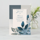 Minimal Slate Blue Geometric Indigo Leaf Wedding 招待状 (スタンド正面)