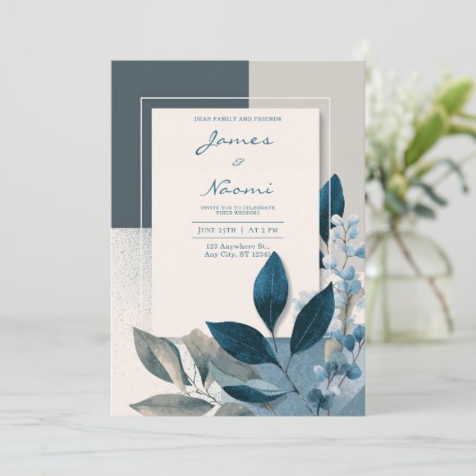 Minimal Slate Blue Geometric Indigo Leaf Wedding 招待状 (スタンド正面)