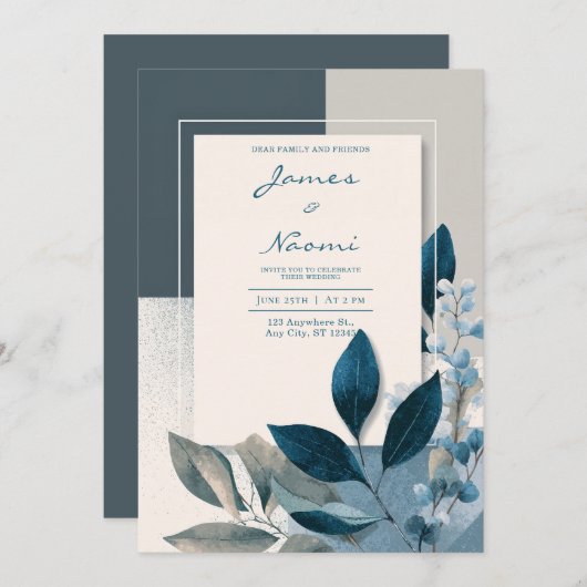 Minimal Slate Blue Geometric Indigo Leaf Wedding 招待状 (正面/裏面)