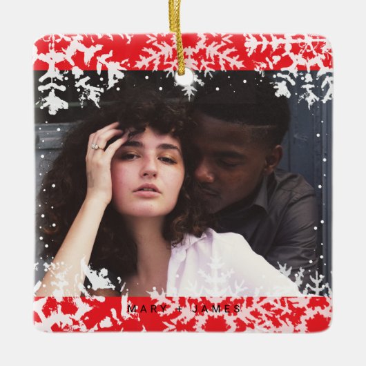 Minimal Snowflakes Frame | Merry and Married Photo セラミックオーナメント (正面)