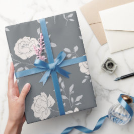 Minimal Soft Grey Rose White Floral Pattern ラッピングペーパー