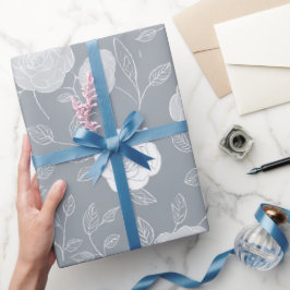 Minimal Soft Grey Rose White Floral Pattern ラッピングペーパー
