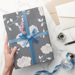 Minimal Soft Grey Rose White Floral Pattern ラッピングペーパー
