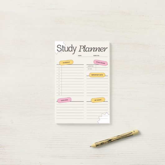 Minimal Study Planner With Hourly Schedule ポストイット (デスク上)