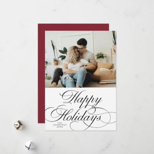 Minimal Stylish Photo Elegant Red Photo Christmas  シーズンカード (正面/裏面インサイチュ)