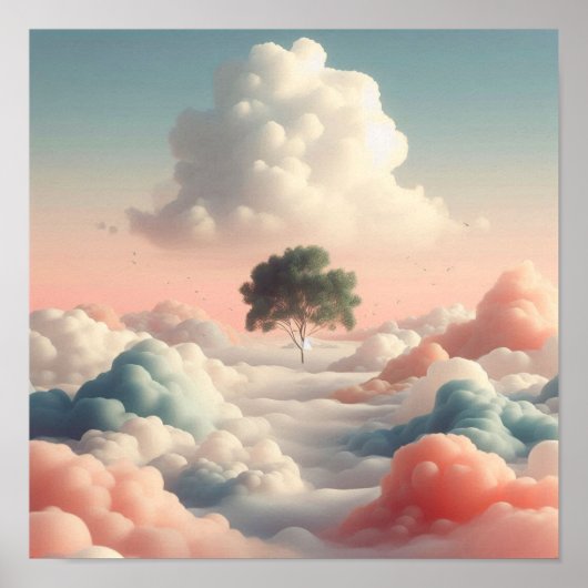 Minimal Surreal Tree Above Soft Pastel Clouds ポスター (正面)
