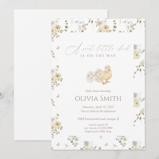 Minimal Sweet Little Chick Baby Shower 招待状 (正面/裏面)