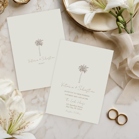 Minimal Taupe Palm Tree Beach Wedding Invitation 招待状