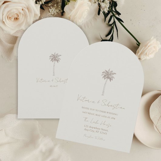 Minimal Taupe Palm Tree Beach Wedding Invitation 招待状