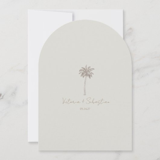 Minimal Taupe Palm Tree Beach Wedding Invitation 招待状 (裏面)