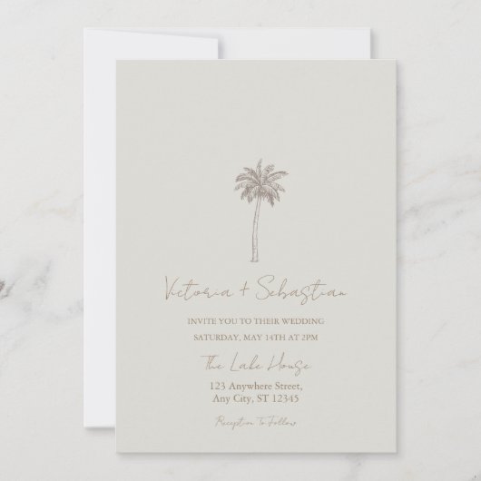 Minimal Taupe Palm Tree Beach Wedding Invitation 招待状 (正面)