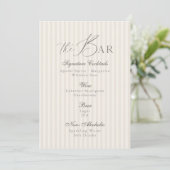 Minimal Taupe Stripe Wedding Bar Menu  招待状 (スタンド正面)