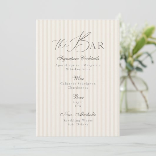 Minimal Taupe Stripe Wedding Bar Menu  招待状 (スタンド正面)