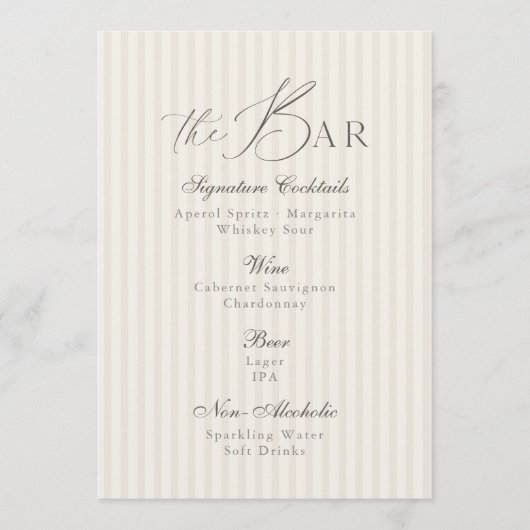 Minimal Taupe Stripe Wedding Bar Menu  招待状 (正面)