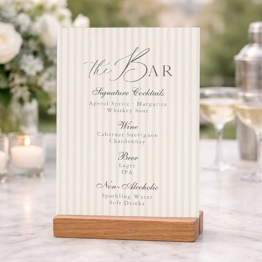 Minimal Taupe Stripe Wedding Bar Menu  招待状