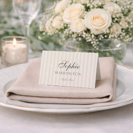 Minimal Taupe Stripe Wedding Place Card 