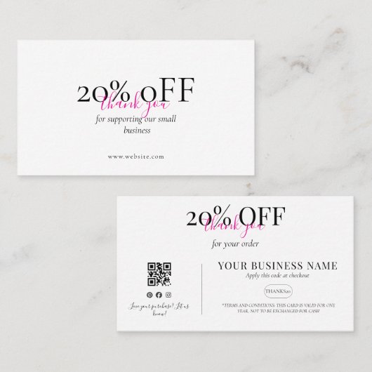 Minimal Thank You QR Discount Card Blush Pink 名刺 (正面/裏面)