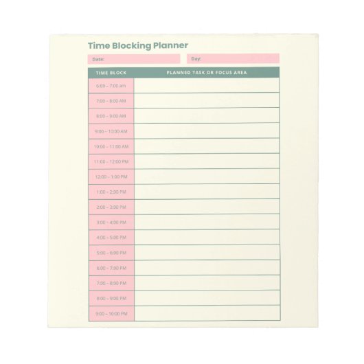 Minimal Time Blocking Planner Pink Layout ノートパッド (正面)
